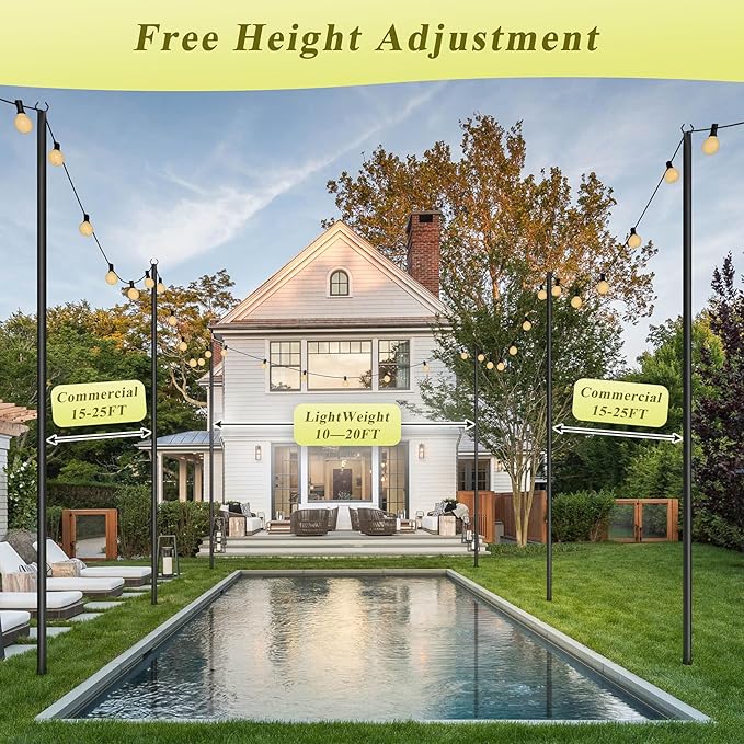 2 Pack String Light Poles for Outside, 10Ft Adjustable Outdoor Light Poles for String Lights, Outdoor Lighting Stand with Fork for Patio, Deck, Backyard, Garden, Party & Wedding