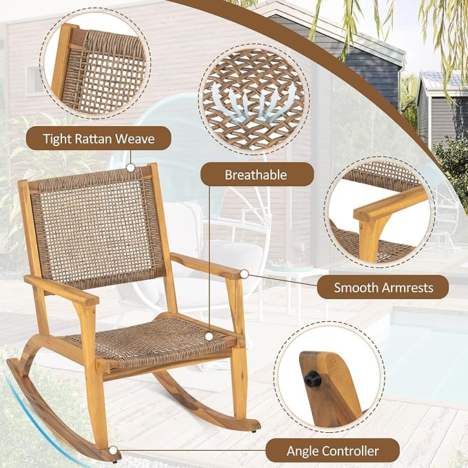 Merax 2-Piece Patio Rocking Chair Set, Acacia Wood Outdoor Rockers with PE Wicker Rattan Seat & Backrest, Comfortable Garden Porch Chairs for Backyard, Balcony, Poolside