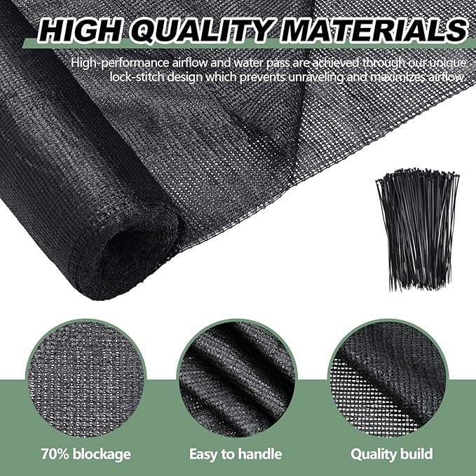 12 x 50 ft Shade Cloth Black Shade Cloth Roll for Covering Garden 70% Mesh UV Resistant Net with Ties for Patio Outdoor Greenhouse Fence Flower Plant Cover Canopy