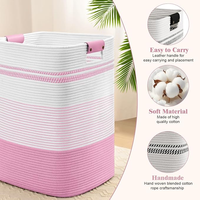 Laundry Hamper, 95L Tall Laundry Basket with Leather Handles, Rectangle Large Clothes Hamper for Organizing, Cotton Woven Laundry Baskets Storage Hampers for Bedroom, Nursery, Living Room
