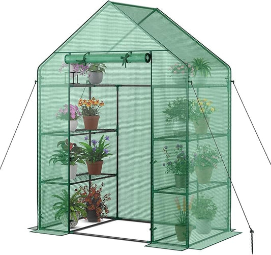 Giantex Walk-in Greenhouse, 4 Tier 8 Shelves, Portable Plant Garden House Indoor Outdoor Mini Growing House for Herb Flower Succulent, Zipped Door, Metal Frame, Patio Lawn Yard