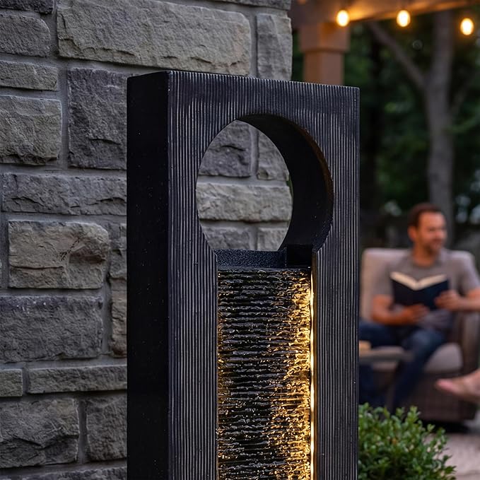 40-Inch Outdoor Water Fountain, Modern Indoor & Outdoor Freestanding Resin Waterfall Fountain with LED Strips, Water Feature for Garden, Patio, Porch, Deck, Backyard in Gray, Home Art Decor