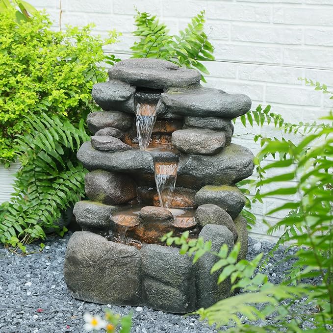 Bumilgar 23.4" H Garden Outdoor Rock Water Fountain with LED Lights, 4-Tier Cascading Waterfall Fountain, Faux Stone Resin Water Feature for Patio, Backyard & Home Decor