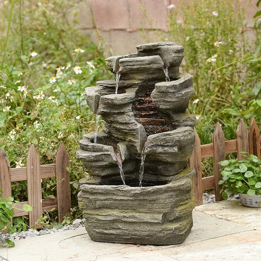 Bumilgar 6-Tier Cascading Rock Water Fountain Outdoor Garden Waterfall Decor for Garden, Patio, Backyard, Deck, Porch and Home Art Decor,24.4" H Outdoor Fountain with Lights