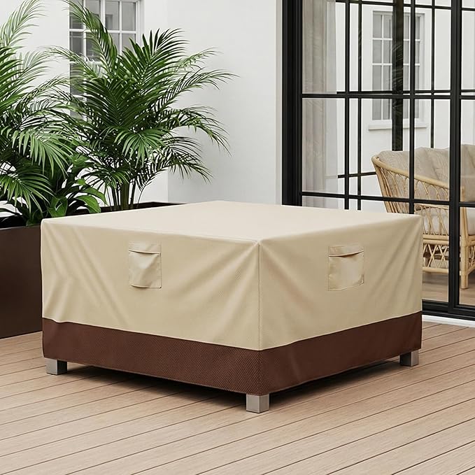 Vailge Rectangular/Oval Patio Table Cover, Heavy Duty and Waterproof Outdoor Lawn Patio Furniture Covers (Beige&brown, 44"Lx44"Wx28"H)