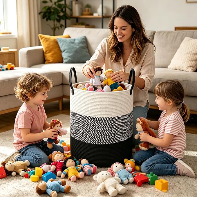 55L Woven Laundry Basket,Large Clothes Hamper with Handles-Black