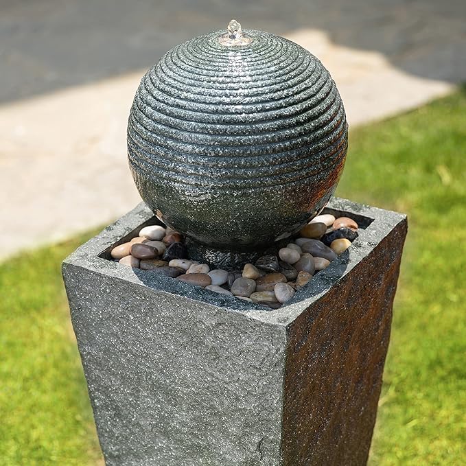 Glitzhome Outdoor Water Fountain, Outdoor Fountain with Pebbles, Pump and LED Light, 31.75" H Modern Geometric Pedestal and Sphere Polyresin Waterfall Fountain for Patio, Backyard, Garden, Deck Decor