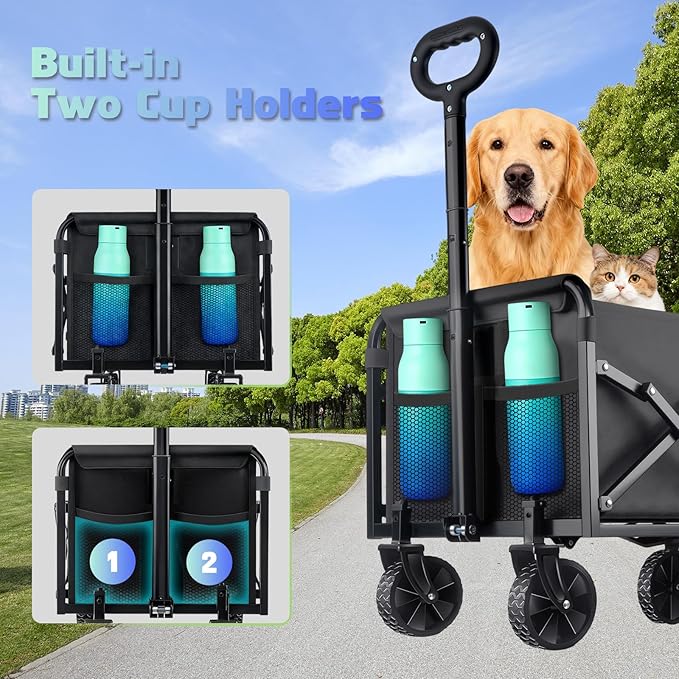 360LBS Collapsible Wagon Cart with Wheels - Heavy Duty Folding Wagon Carts for Grocery, Lightweight Utility Wagon with All-Terrain Wheels & 2 Cup Holders, Portable Beach Wagon for Shopping Garden