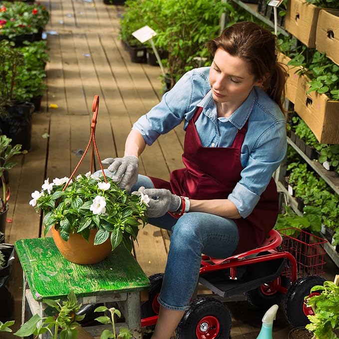 VINGLI Garden Cart with Rolling Seat, Wheels, Adjustable Steering Handle & Utility Tool Tray, Planting Wagon Scooter, Gardening Tool for Senior, for Patio, Backyard, Lawn & Outdoor (red)