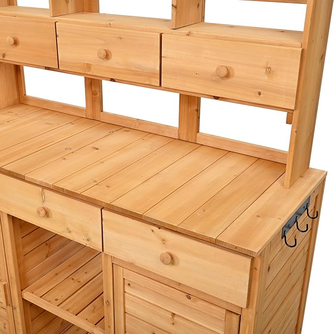 RUNNA 65.7'' H Tall Garden Potting Bench Table with Hutch,Patio Storage Workstation with 3 Shelves,6 Drawers,2 Bottom Cabinets&Side Hooks for Mudroom,Doorway (Natural@024, 65.7)