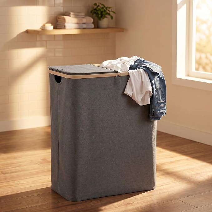 DOKEHOM 160L Double Laundry Basket Hamper with Lid & Removable Bags, Grey | Extra large 2-section collapsible clothes hamper, foldable laundry sorter bin with mesh inserts. Ideal for family use