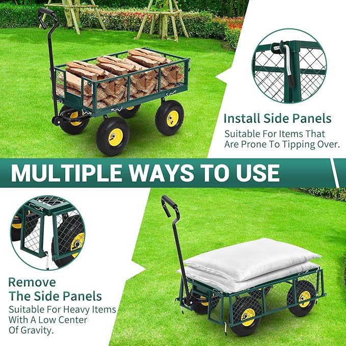 550 Lbs Steel Garden Cart. Heavy Duty Metal Garden Wagon with 10" Wheels, Pullable Metal Garden Wagon w 180° Rotating Handle and Removable Sides for Farm, Yard,