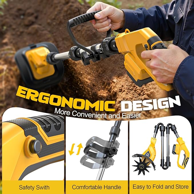 Cordless Tiller Cultivator Compatible with Dewalt 20V Battery(Tool Only), 450RPM Electric Tiller for Gardening, 9"x6.3" Tilling, 48 Reinforced Steel Tines Rototiller for Lawn/Soil Cultivation
