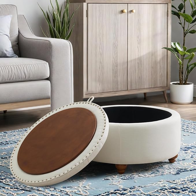 30'' Round Ottoman Coffee Table with Storage, Upholstered Tufted Ottoman with Flip Tray, Solid Wood Legs for Living Room, Bedroom, Beige