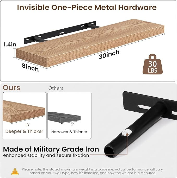 Acovy 30x8in Floating Shelves 2 Pack, Wall Mount Display Shelf, Light Brown | Invisible Brackets, 30lb Sturdy MDF, 30in Long, Easy Install, For Bedroom, Bathroom, Living Room, Kitchen & Office