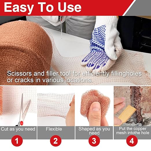 5 Inch×20 ft Copper Mesh Rodent Control, 100% Pure Copper Barrier for Mice Rat and Snail, Gap Filler for Home Repair and Gardening, Includes Scissors, Gloves and Trowel