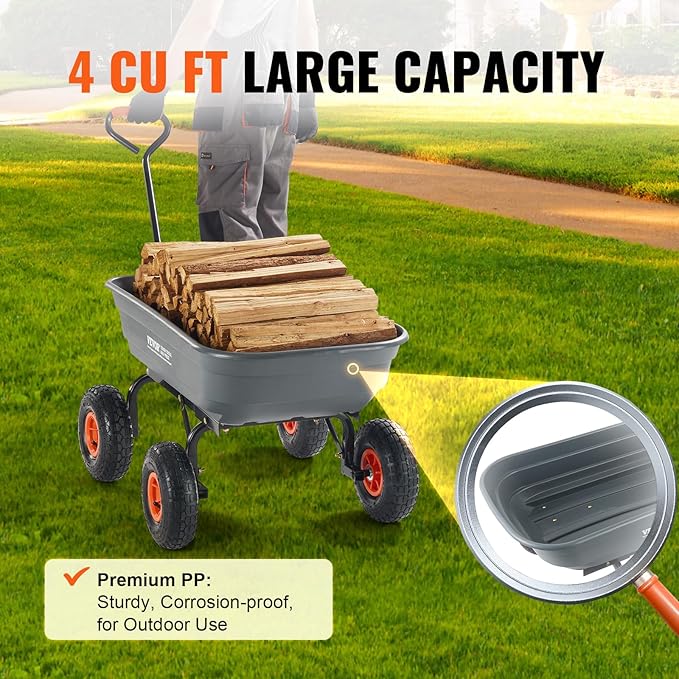 VEVOR 4 Cu.Ft. 600lbs Poly Garden Dump Cart, Heavy Duty 4 Wheel Wheelbarrow Yard Cart Dump Wagon with 10in All Terrain Wheels, Steel Frame and Quick Release System