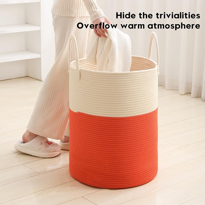 Woven Laundry Hamper Tall Rope Storage Basket for Blanket oys Dirty Clothes in Living Room Bathroom Bedroom (White&Orange, 80L/21.3Gal)