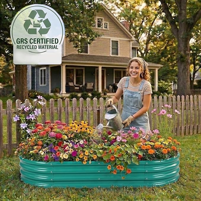 Rakukiri Raised Garden Bed GRS Certified Galvanized Planter Box Outdoor, 8ft Oval Rot-Resistant Metal Garden Bed Planter, Recycled Material Planter for Vegetables Flowers Herbs (Green)