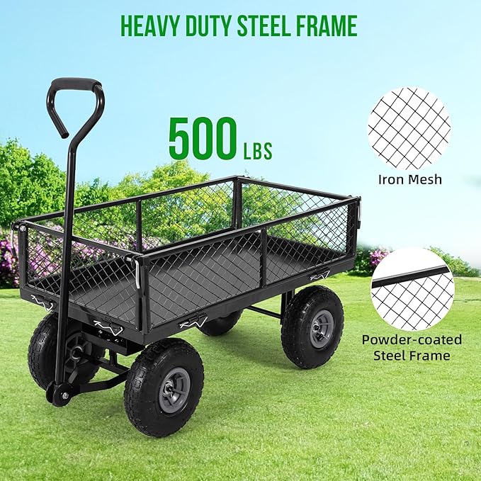 GarveeLife Heavy Duty Steel Garden Cart Folding Utility Wagon with Removable Cart Liner, 500 LBS Capacity