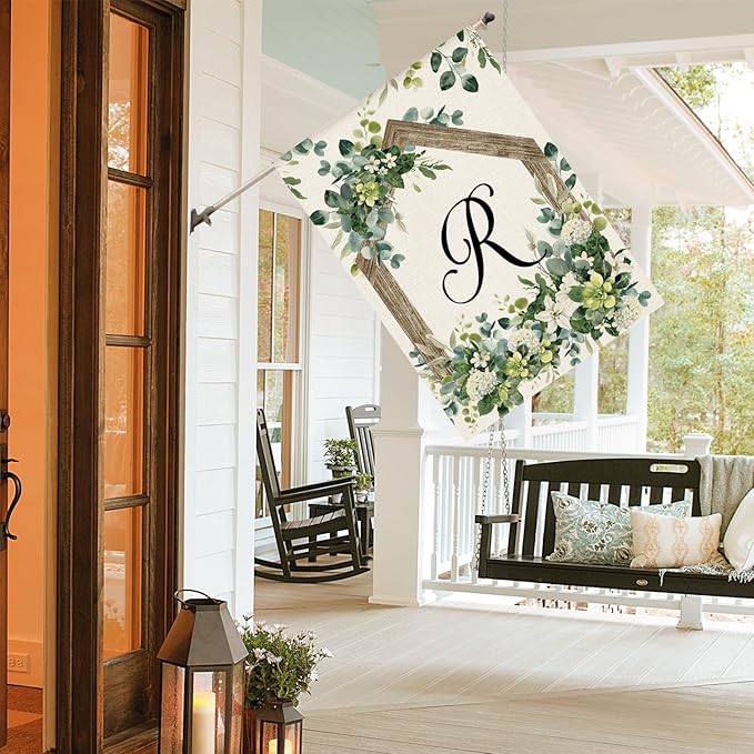 AVOIN colorlife Initial Letter R Monogram House Flag 28x40 Inch Double Sided Outside, Spring Floral Family Last Name Yard Decoration