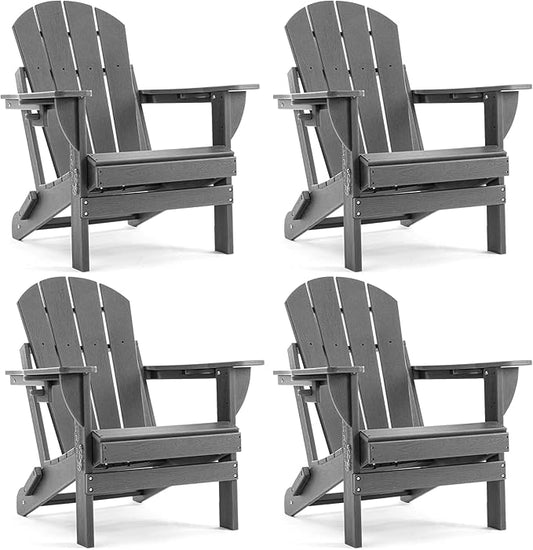 Folding Adirondack Chair, HDPE Outdoor Texture Lawn Chair with Reclining Back, Cup and Phone Holder - Comfortable Firepit Chair Weather Resistant for Patio or Backyard (Grey, Set of 4)