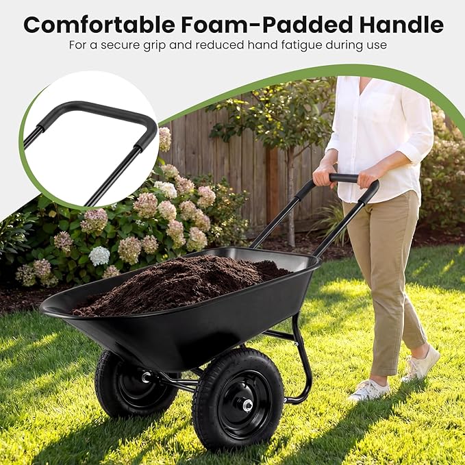 Goplus 2 Wheel Wheelbarrow, Dual Wheel Barrow with 14 inches Pneumatic Rubber Tires, 330 lbs Capacity Garden Yard Cart for Gardening Tool, Moving Soil, Wood, Gravel, Mulch