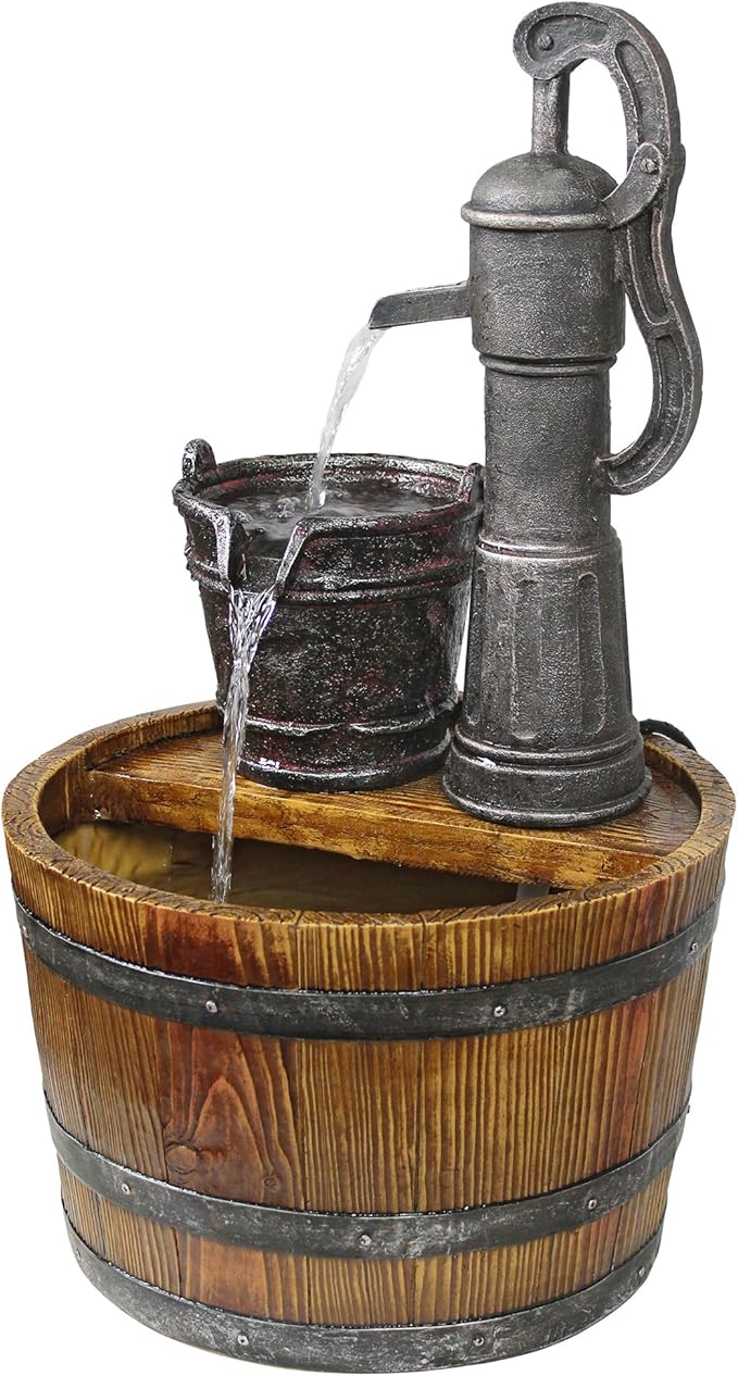 Design Toscano SS11155 Water Fountain - Cistern Well Pump Wood Barrel Garden Decor Fountain - Outdoor Water Feature,full color