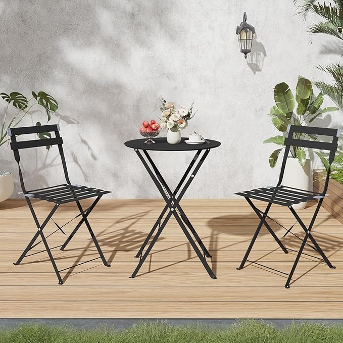 3-Piece Folding Bistro Set, 2 Chairs and 1 Coffee Table, Space Saving Weather-Resistant Frame, Portable Indoor/Outdoor Patio Furniture Conversation Set for Garden Porch Balcony Deck - Black