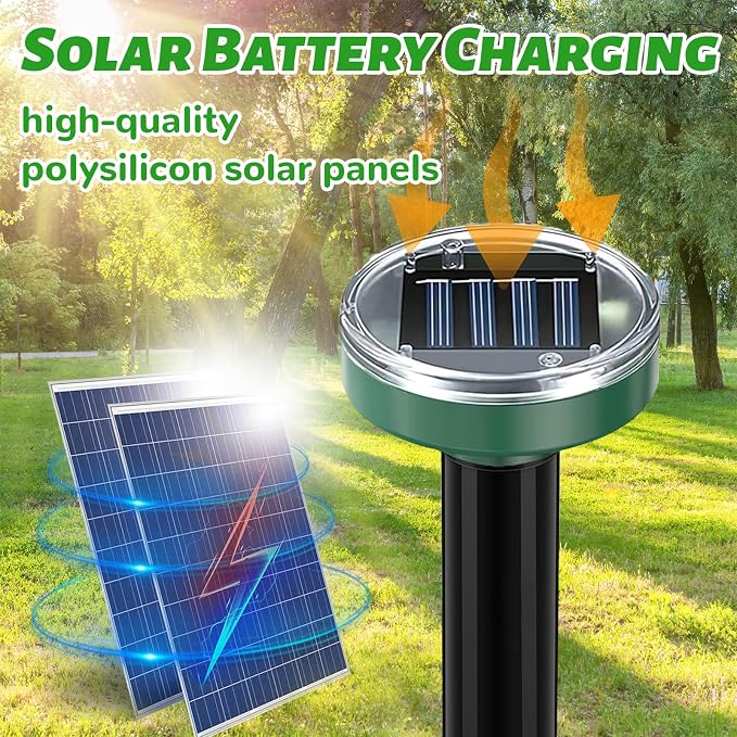 Solar Powered Mole Repellent 10 Pack, Effective Ultrasonic Gopher Repeller for Yard, IP44 Waterproof Sonic Vole & Snake Deterrent Spikes, Professional Groundhog Chaser for Lawns, All-Weather Use