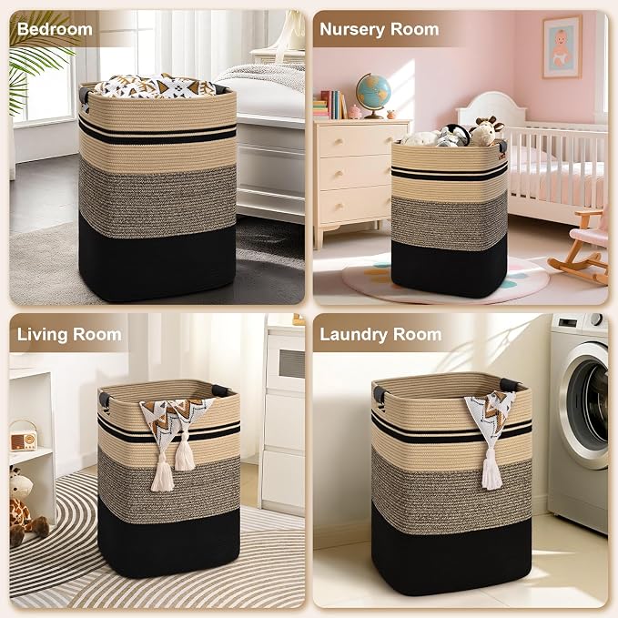 Laundry Hamper, 105L Tall Laundry Basket with Leather Handles, Rectangle Large Clothes Hamper for Organizing, Cotton Woven Laundry Baskets Storage Hampers for Bedroom, Nursery, Living Room