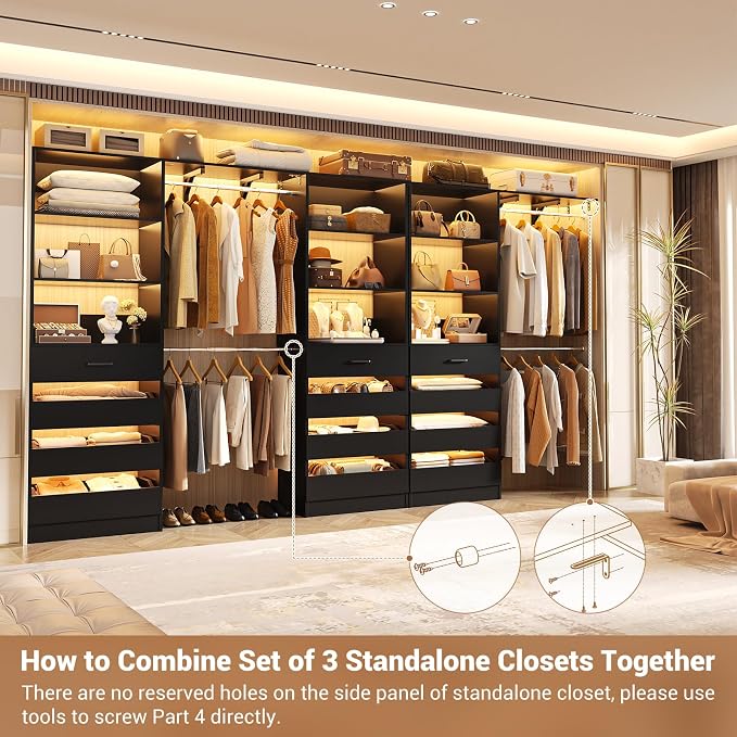 Aheaplus Closet System, 138.5" Closet Organizer with 12 Drawers & 4 Rods