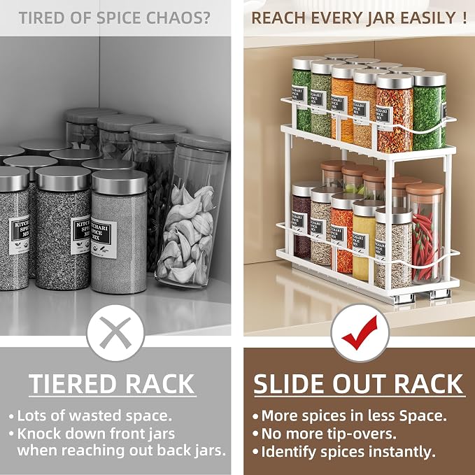 Bunoxea Pull Out Spice Rack 2 Pack,Slide Out Cabinet Spice Rack,White