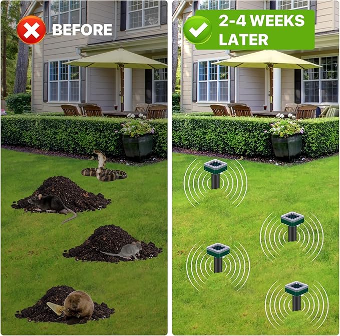12 Pcs Tirgo Mole Repellent Solar Powered for Lawns Snake Repellent for Yard Gopher Groundhog Vole Repellent Trap Ultrasonic Outdoor Waterproof Chipmunk Rodent Burrowing Animals Deterrent Stake (12)