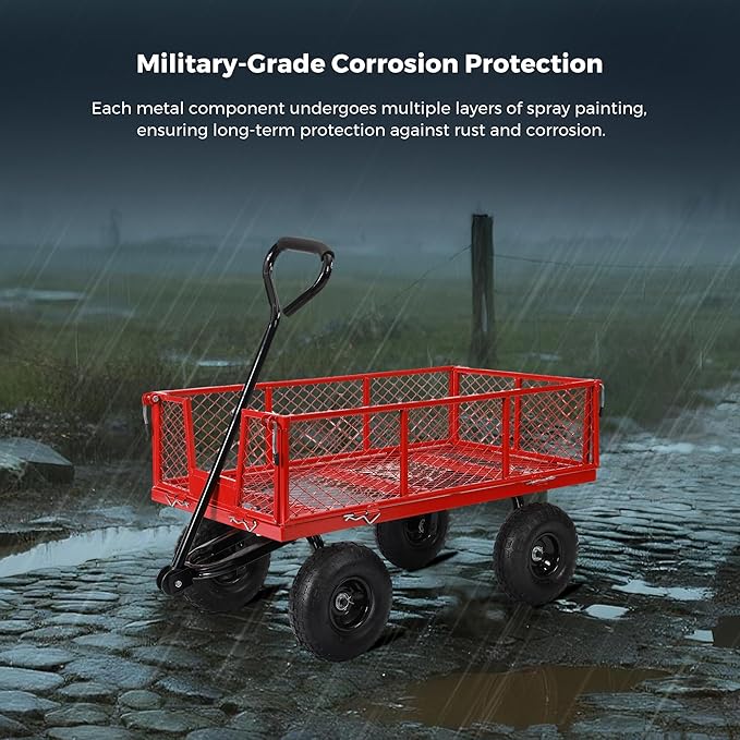 SUNNYFEEL 500 Lbs Capacity Heavy Duty Mesh Steel Garden Cart,Folding Utility Wagon with Removable Sides,10 Inch Flat Free Tires, Red