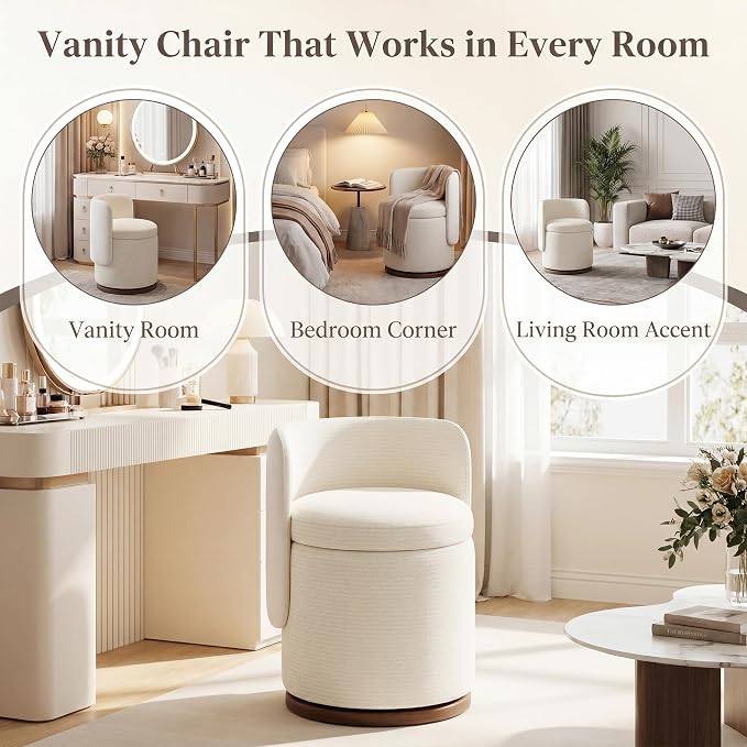 Ottoman with Storage, Round Vanity Stool with Back | 22L Hidden Seat, 360° Swivel, Reversible Lid, No Wheels, Upholstered Makeup Footstool for Bedroom
