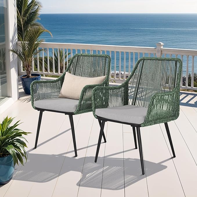 Patio Dining Chairs Outdoor Dining Chairs Set of 4, Woven Twisted Wicker Rattan Chair with Armrest and Cushion, Modern Indoor Outdoor Seating for Garden, Lawn, Backyard, Green