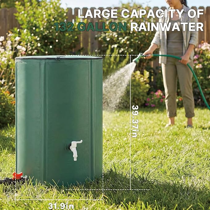 132Gallon/500L Collapsible Rain Barrel, Foldable PVC Rain Barrels with Spigots, Top Mesh Overflow Valve, Suitable for Collect Rainwater from Gutter for Garden Lawn, Cleaning Floors