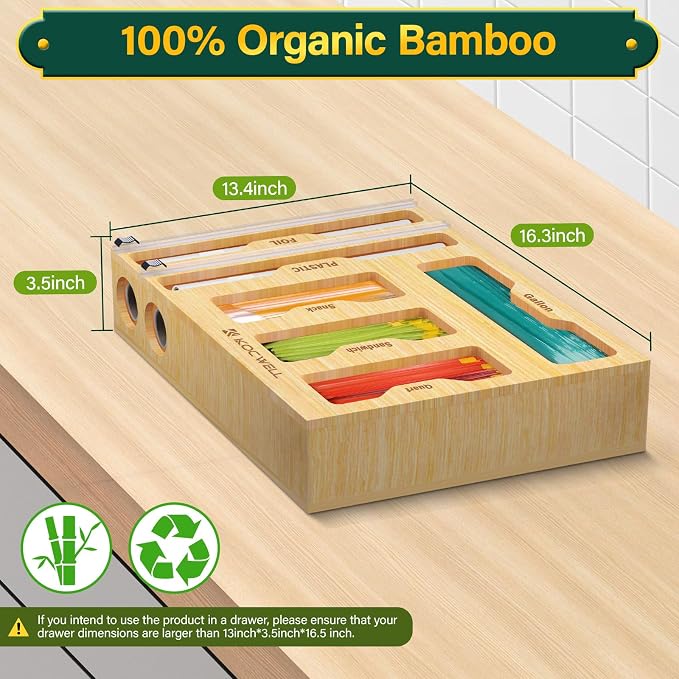 KOCWELL Bag Organizer and Plastic Wrap Dispenser with Cutter, 6 In 1 Bamboo Foil and Plastic Wrap Organizer for Kitchen Drawer, Food Storage Bag Organizer for Gallon,Quart,Sandwich,Snack(Yellow)