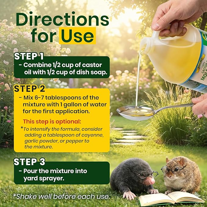 Nature's MACE Mole and Vole Mace, Mole Deterrent for Yard, 1 Gallon, 100% Pure Castor Oil, Lawns, Mole Repellent, Stop Tunneling, Mole Remover Treatment, Castor Oil Repellent, People, Pet, Plant Safe