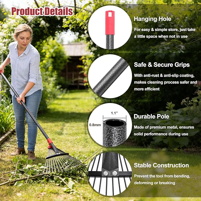 Garden Rake for Leaves: 70 Inch Adjustable Long Handle 18 Metal Tines with 8-17" Expandable Head Heavy Duty Metal Rake for Lawns Leaves Yard Grass Camping Debris