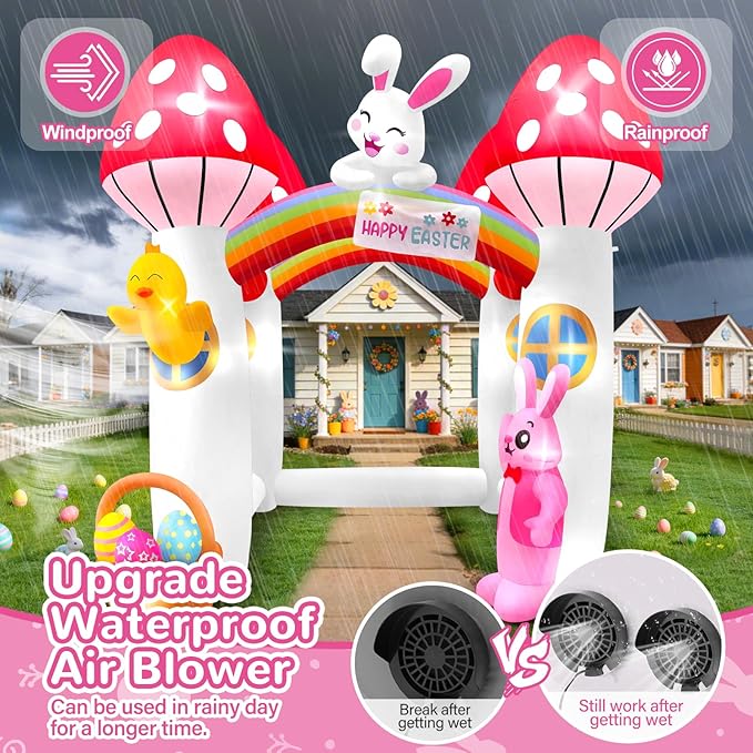 Kalolary 10FT Easter Inflatables Bunny Archway, Stereoscopic Mushroom House Arch Inflatable with Built in LED Lights Blow Up Tunnel Easter Outdoor Yard Decoration for Holiday Party Garden Lawn Decors