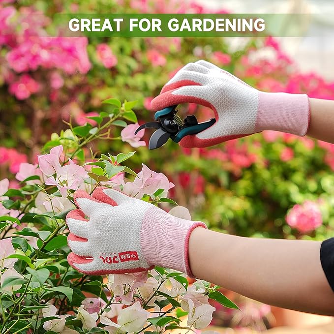 JDL Gardening Gloves for Women, 2 Pairs Breathable Latex Coated Yard Garden Gloves, Rubber Outdoor Protective Work Gloves with Grip, Pink, Medium Size