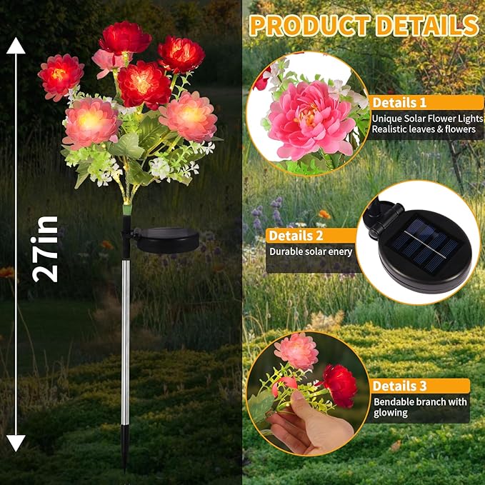 Solar Garden Lights Outdoor, 4 Pack 28 Solar Flower Lights, Waterproof Solar Lights Outdoor for Yard, Patio, Grave, Pathway, Landscape,Lawn, Party, Garden Decor, Gift for Women, Mom Grandma