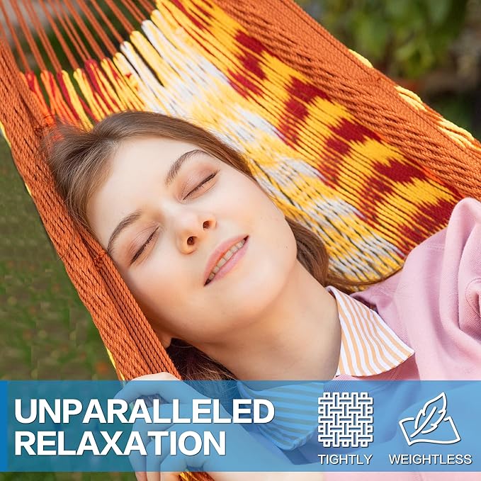 PNAEUT Handwoven Mayan Hammock, Thick Soft Rope Double Hammock for Outdoor Outside & Indoor, 600 lbs Capacity Heavy-Duty, Includes Tree Straps, Carabiners & Carrying Bag (Sunset, X-Large)