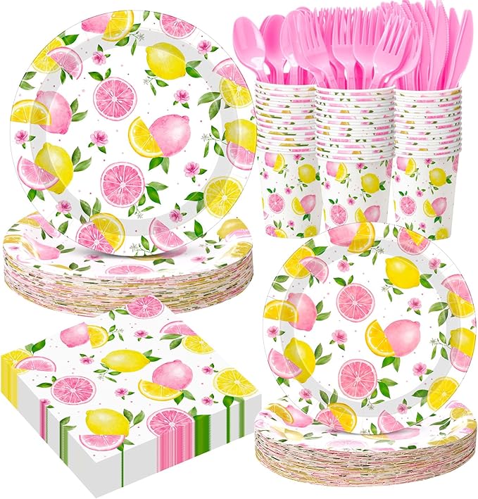 Funnymoom 400 Pcs Pink Lemon Party Supplies for 50 Guests Summer Pink Lemon Birthday Paper Plates and Napkins Knives Spoon Fork Cup Set Cutlery for Lemonade Theme Birthday Summer Bridal Shower