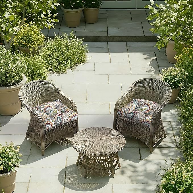 DYTXIII Set of 2 Outdoor Chair Cushions 19"x19"x4", Water Repellent Tufted Patio Seat Cushions with Ties, Thick Replacement Pads for Wicker Dining Chairs, Patio Furniture, Paisley Chilli
