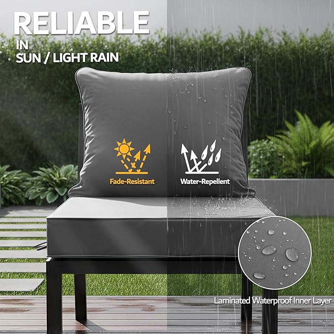 24x24 Inch Outdoor Chair Cushions Set of 2, Patio Furniture Cushions - Removable Cover, Water-Repellent, Fade-Resistant, Non-Slip Bottom & Straps, Replacement for Deep Seat Sofa & Couch - Dark Grey