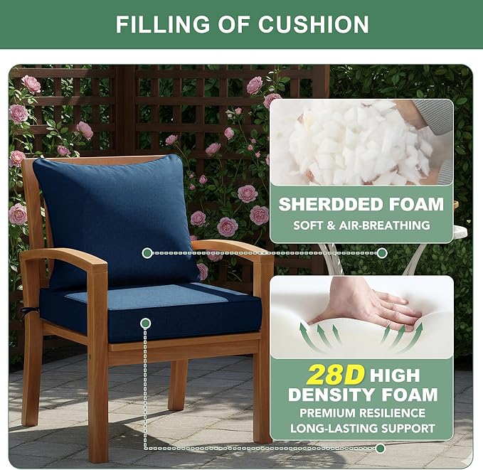 Summsun Outdoor Chair Cushions, Faux Linen Backrest and Seat Cushion Set for Patio Furniture with Weather Resistant Removable Cover, Straps, Non-Slip Bottom, 19 x 19 Inch, Navy, Set of 4