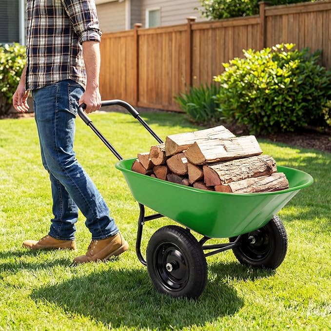 Goplus 2 Wheel Wheelbarrow, Dual Wheel Barrow with 14 inches Pneumatic Rubber Tires, 330 lbs Capacity Garden Yard Cart for Gardening Tool, Moving Soil, Wood, Gravel, Mulch